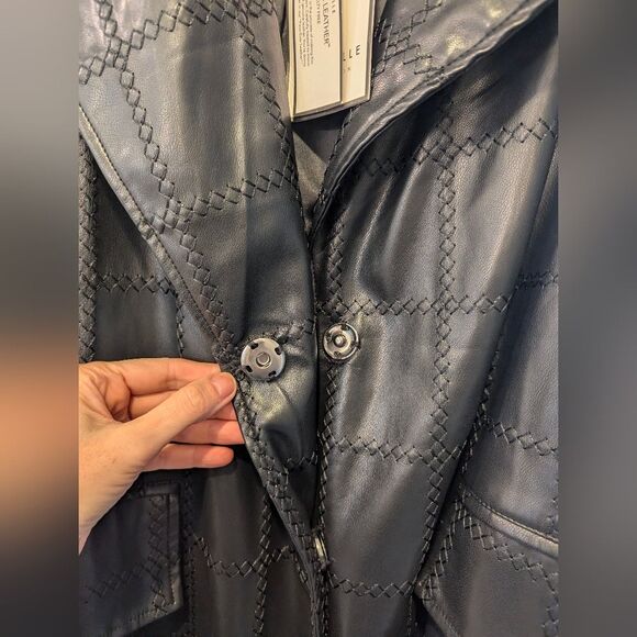 New Bagatelle Faux buttery soft patch black Leather belted Long Trench Coat Sz M - Picture 14 of 16